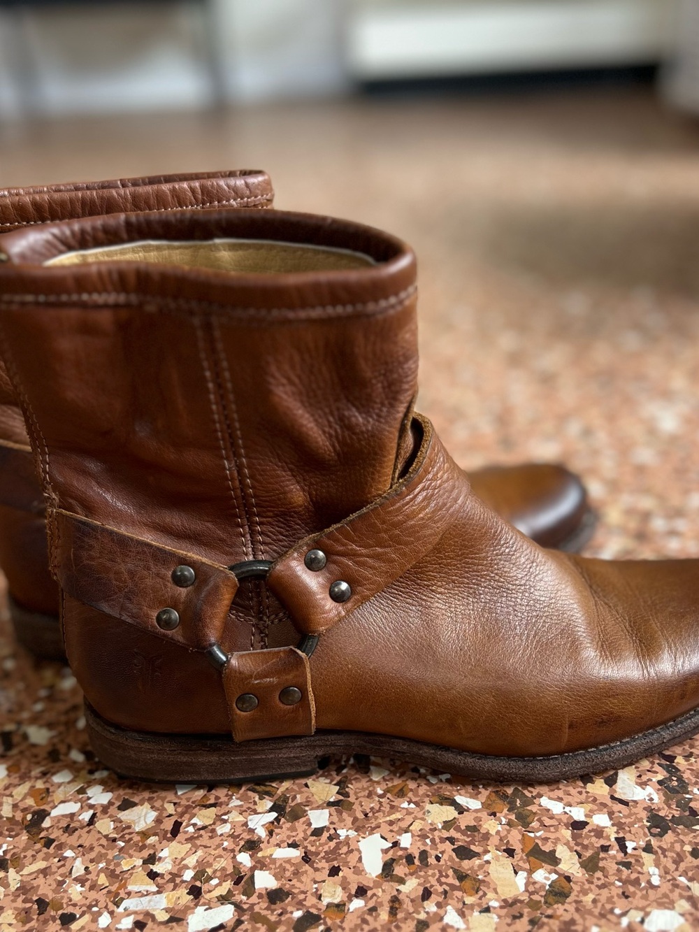 Frye Cognac Leather Zip Harness Boots